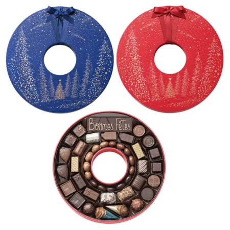Petite boite couronne de Noël garnie de chocolats et sa barre noir – rouge ou bleue
