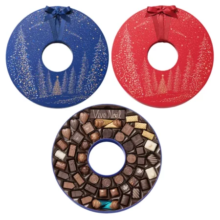 Grande boite couronne de Noël garnie de chocolats et sa barre noir – rouge ou bleue